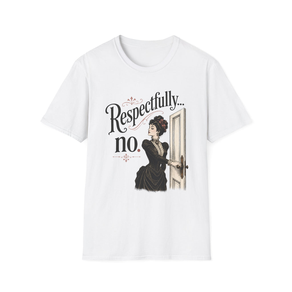 A white short-sleeve crewneck t-shirt featuring a vintage-style graphic of a woman in a black dress opening a door, with the text 'Respectfully.