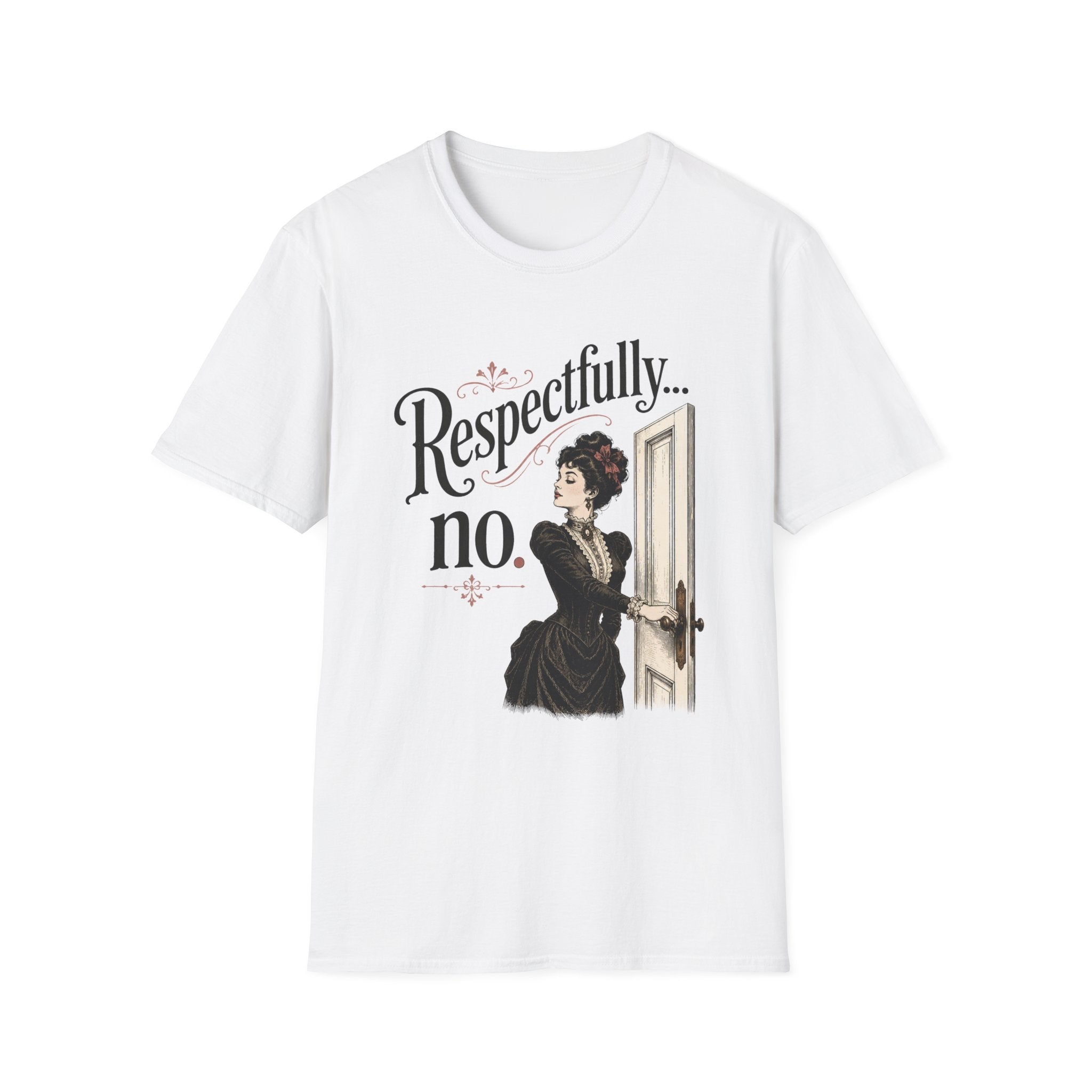 A white short-sleeve crewneck t-shirt featuring a vintage-style graphic of a woman in a black dress opening a door, with the text 'Respectfully.