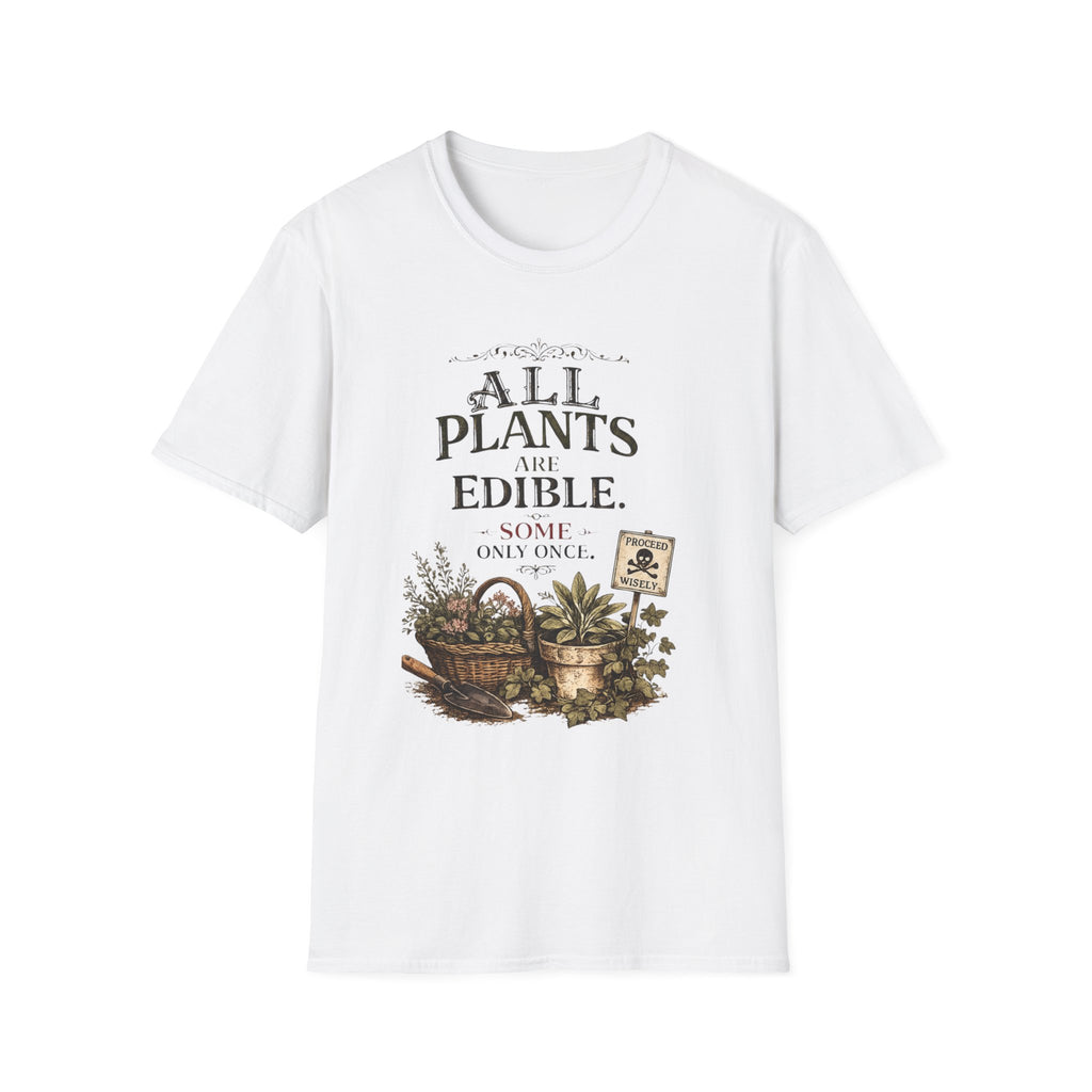 A white short-sleeve crewneck t-shirt featuring a vintage-style graphic print on the front. The graphic displays the text 'ALL PLANTS ARE EDIBLE.