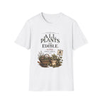 A white short-sleeve crewneck t-shirt featuring a vintage-style graphic print on the front. The graphic displays the text 'ALL PLANTS ARE EDIBLE.