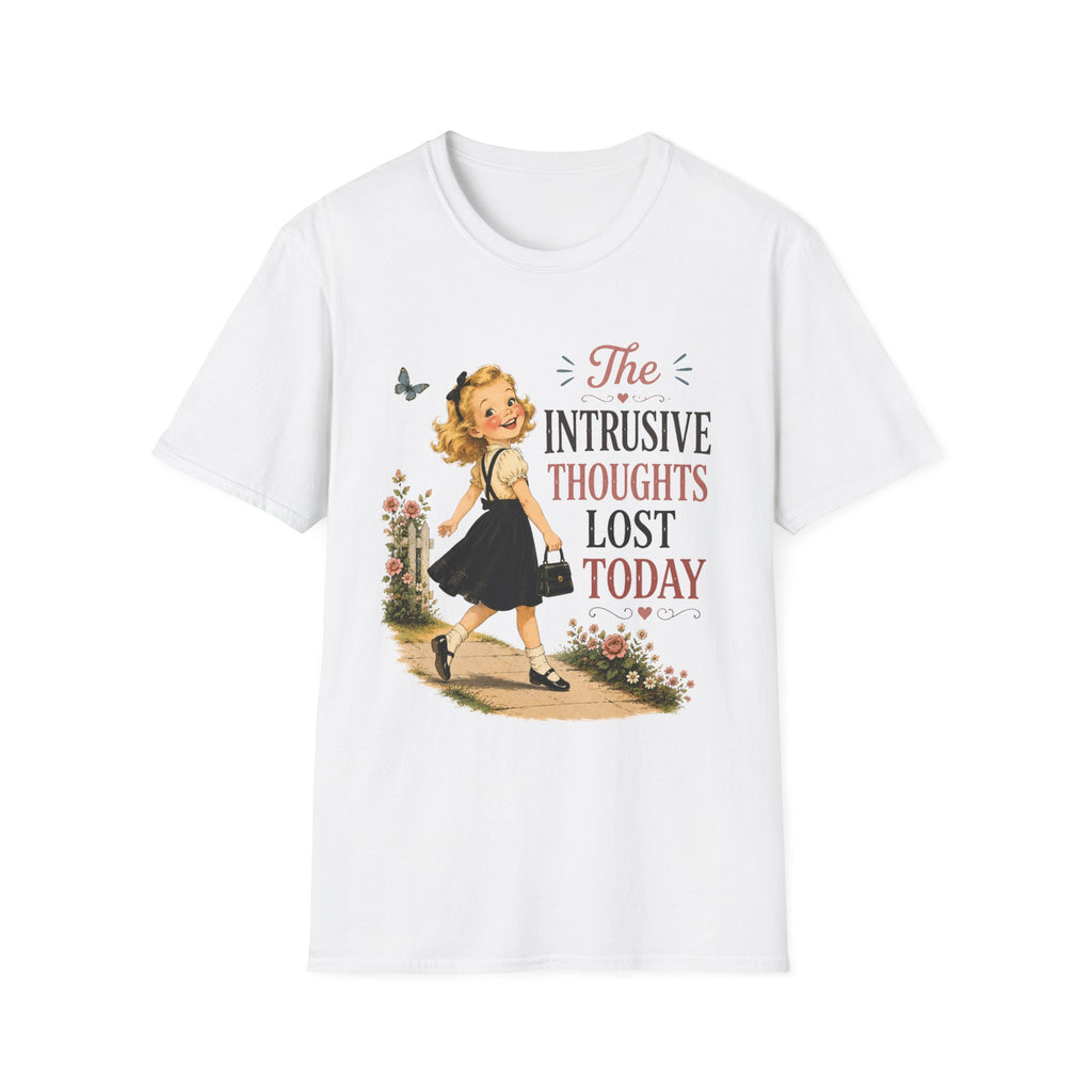 A white short-sleeve crewneck t-shirt featuring a vintage-style graphic of a young girl walking with the text 'The Intrusive Thoughts Lost Today' in black and muted red lettering.