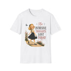 A white short-sleeve crewneck t-shirt featuring a vintage-style graphic of a young girl walking with the text 'The Intrusive Thoughts Lost Today' in black and muted red lettering.