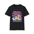 A black short-sleeve crewneck t-shirt featuring a colorful graphic print of a cartoon winged pony wearing heart-shaped sunglasses, with the text 'Please Respect My Delusions' in pink and blue lettering.