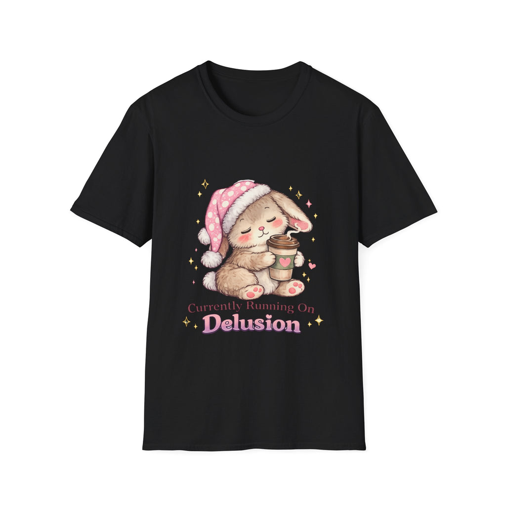 Cute Sleepy Bunny with Coffee “Currently Running On Delusion”