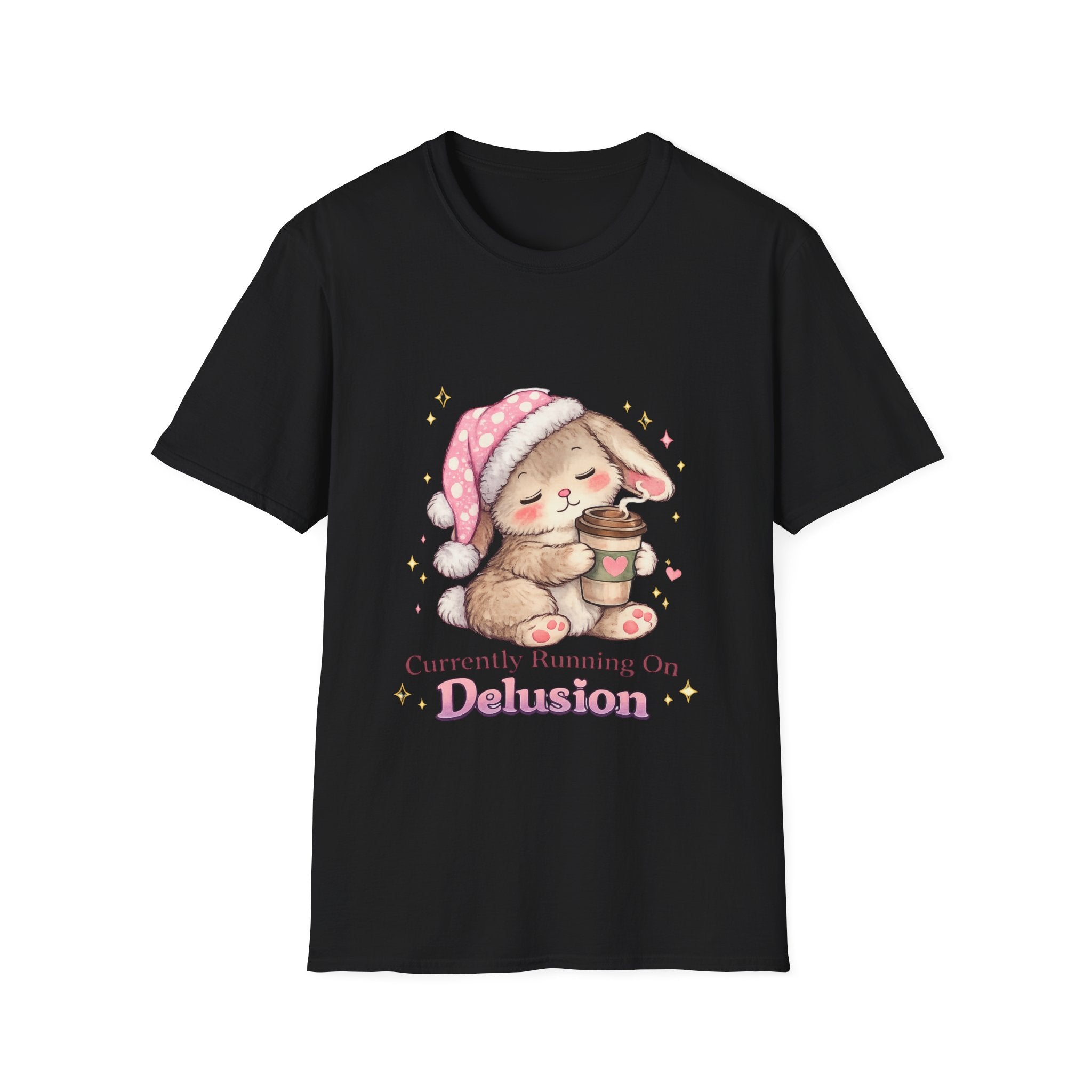 Cute Sleepy Bunny with Coffee “Currently Running On Delusion”