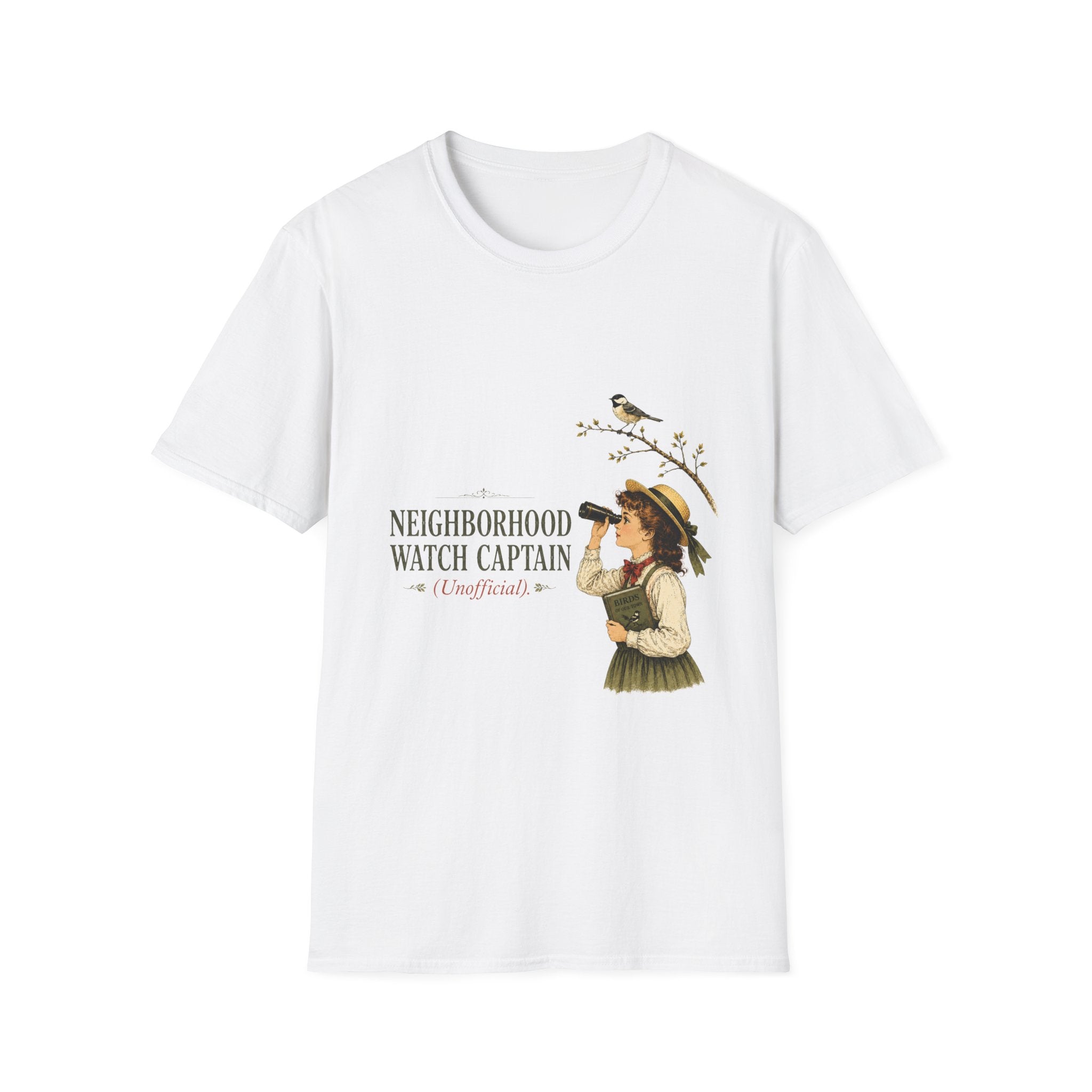 A white short-sleeve crewneck t-shirt featuring a vintage-style graphic of a woman in historical dress looking through binoculars, with a small bird perched on a branch above. The text reads 'NEIGHBORHOOD WATCH CAPTAIN' and '(Unofficial)'.