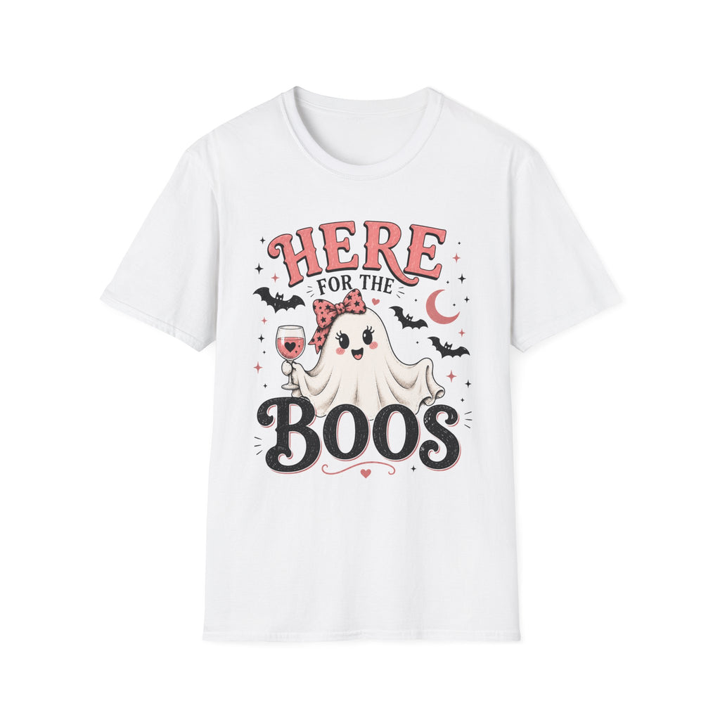A white short-sleeve crewneck t-shirt featuring a cute Halloween graphic of a smiling cartoon ghost holding a wine glass, with the text 'HERE FOR THE BOOS' in red and black, along with small bats and a crescent moon.