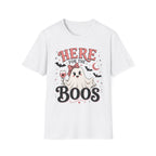 A white short-sleeve crewneck t-shirt featuring a cute Halloween graphic of a smiling cartoon ghost holding a wine glass, with the text 'HERE FOR THE BOOS' in red and black, along with small bats and a crescent moon.