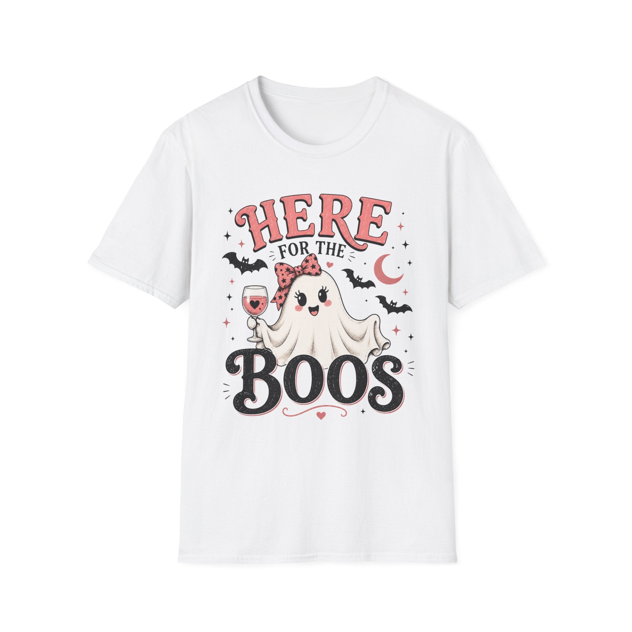 A white short-sleeve crewneck t-shirt featuring a cute Halloween graphic of a smiling cartoon ghost holding a wine glass, with the text 'HERE FOR THE BOOS' in red and black, along with small bats and a crescent moon.
