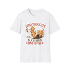 A white short-sleeve crewneck t-shirt featuring a graphic print of two orange tabby kittens, a white cat, and the text 'ZERO THOUGHTS. MAXIMUM CONFIDENCE.