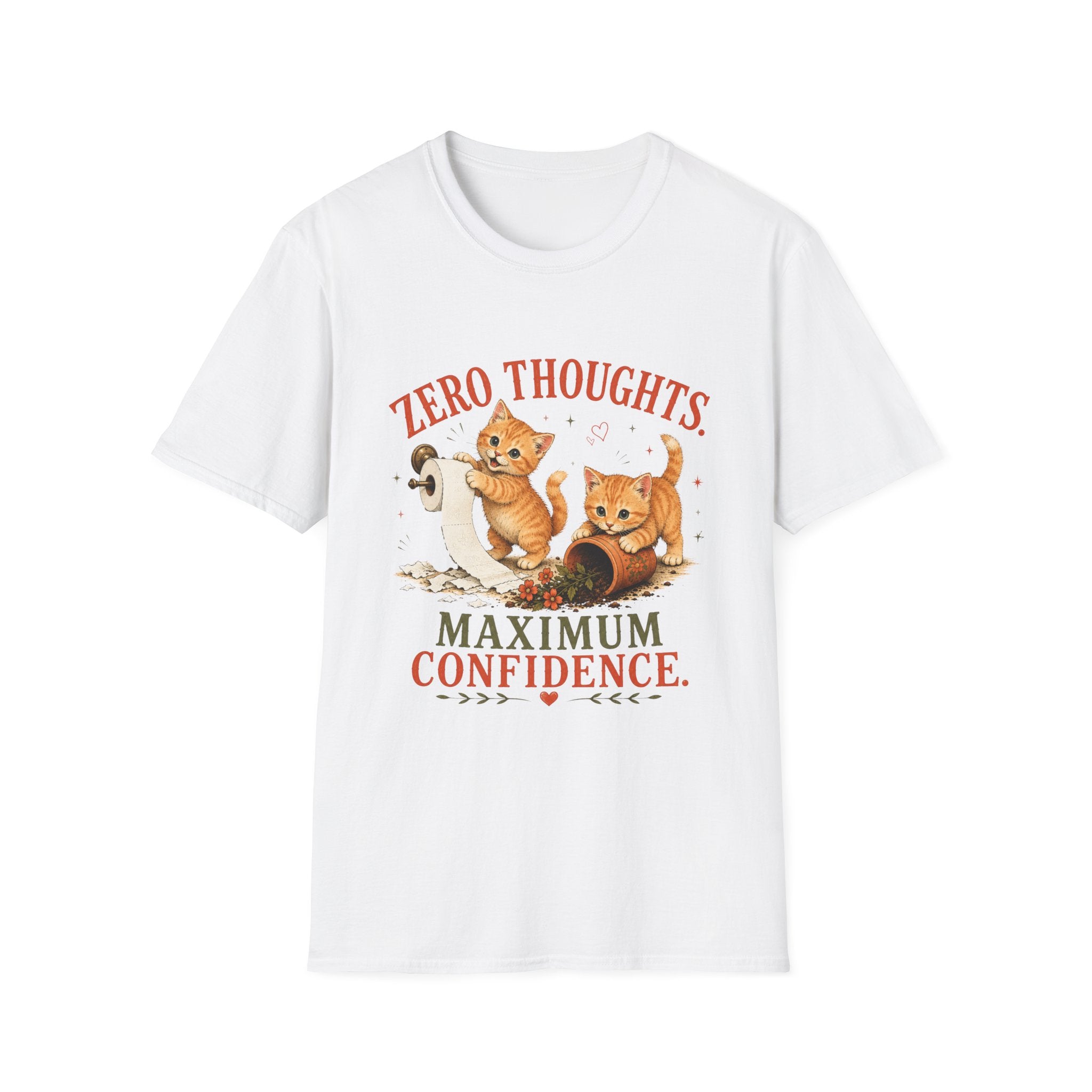 A white short-sleeve crewneck t-shirt featuring a graphic print of two orange tabby kittens, a white cat, and the text 'ZERO THOUGHTS. MAXIMUM CONFIDENCE.
