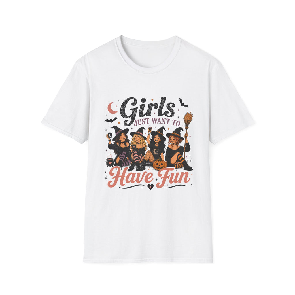A white short-sleeve crewneck t-shirt featuring a Halloween-themed graphic print on the front with three cartoon witches, a broom, a pumpkin, and the text 'Girls just want to Have Fun'.