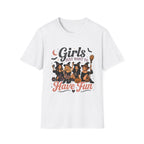 A white short-sleeve crewneck t-shirt featuring a Halloween-themed graphic print on the front with three cartoon witches, a broom, a pumpkin, and the text 'Girls just want to Have Fun'.