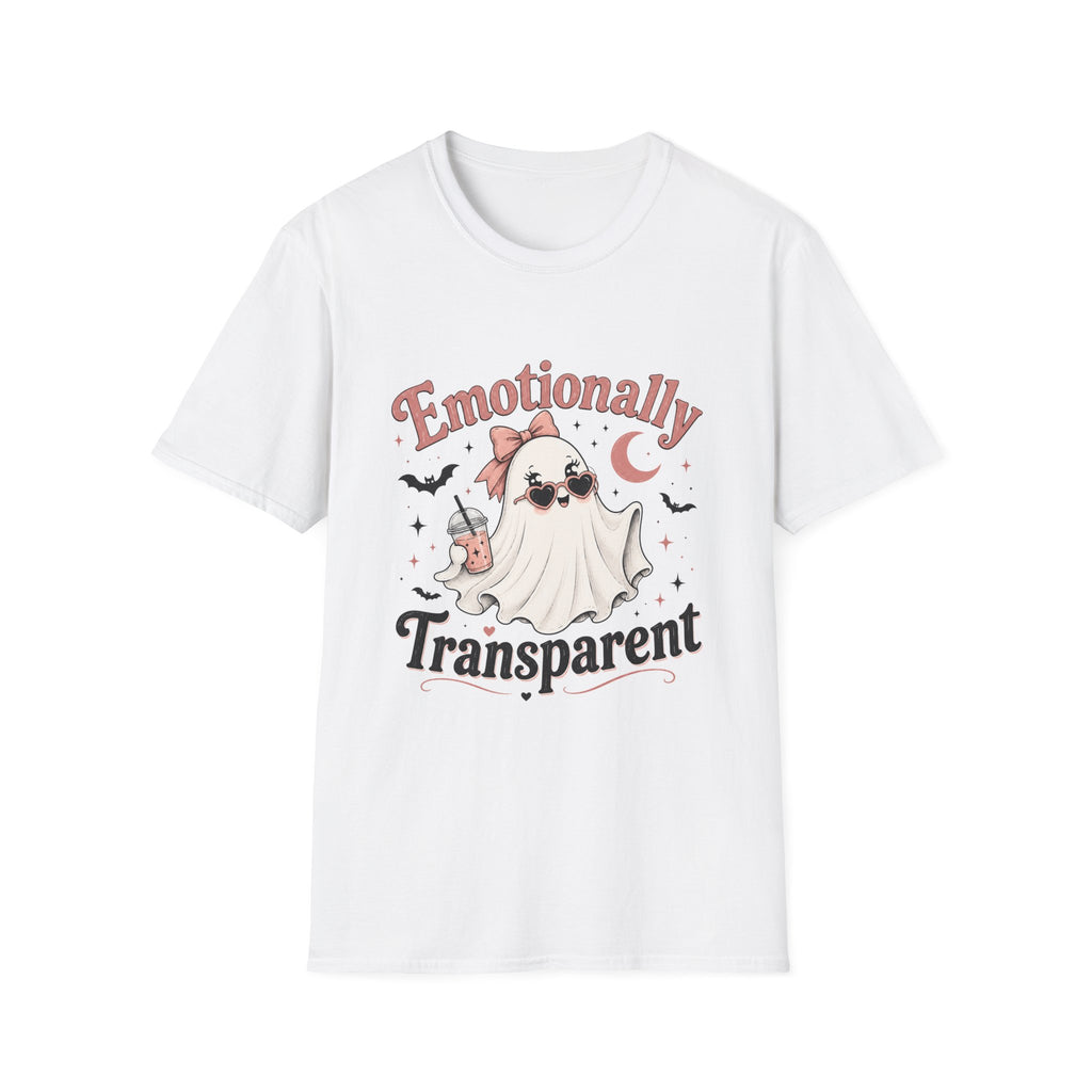 A white short-sleeve crewneck t-shirt featuring a cute cartoon graphic of a dog dressed as a ghost with the text 'Emotionally Transparent' in pink and black lettering.