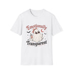 A white short-sleeve crewneck t-shirt featuring a cute cartoon graphic of a dog dressed as a ghost with the text 'Emotionally Transparent' in pink and black lettering.
