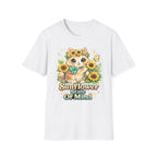 A white short-sleeve crewneck t-shirt featuring a colorful graphic of a cute cartoon kitten surrounded by sunflowers and the text 'Sunflower State Of Mind'.