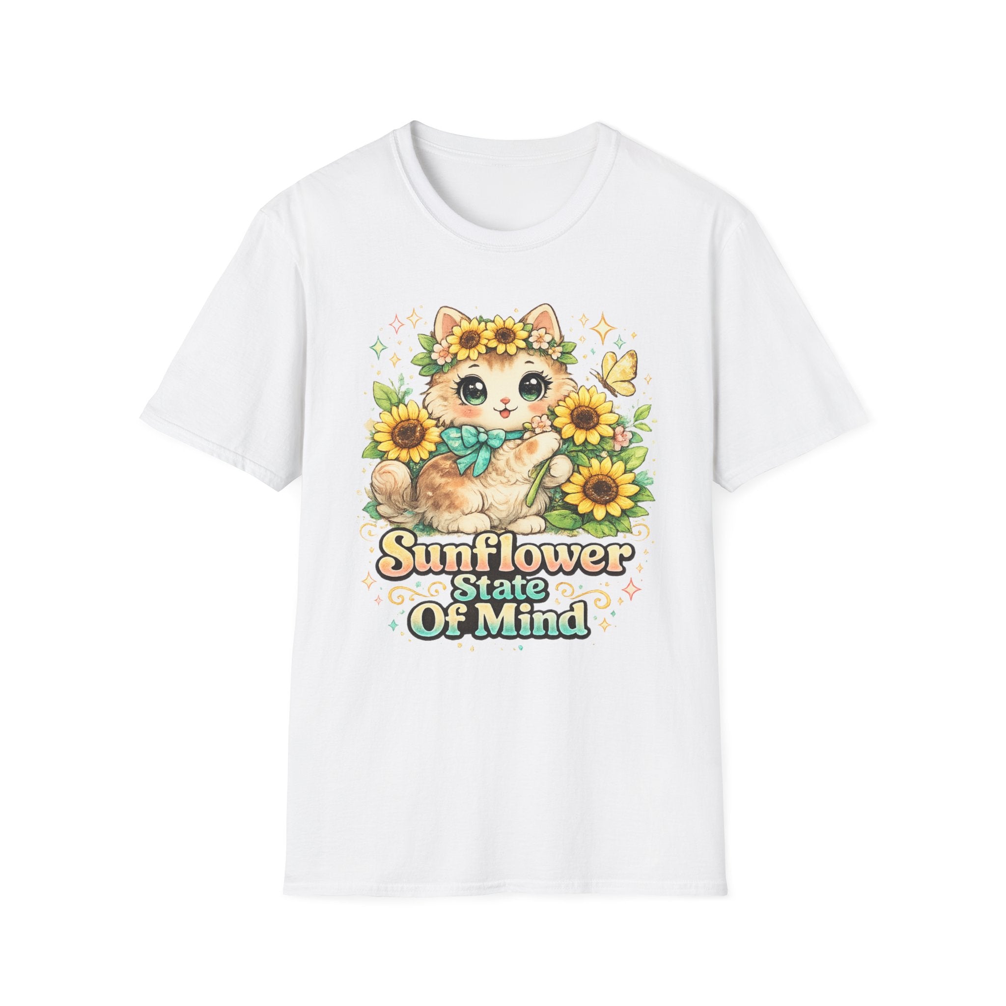 A white short-sleeve crewneck t-shirt featuring a colorful graphic of a cute cartoon kitten surrounded by sunflowers and the text 'Sunflower State Of Mind'.