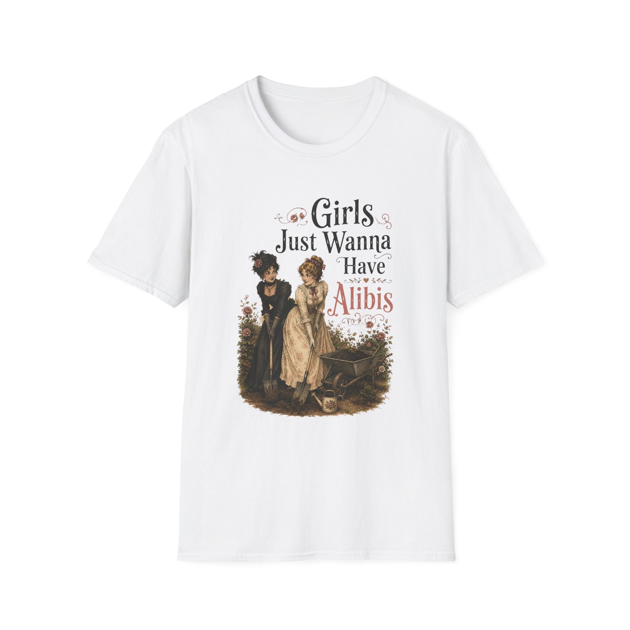 A white short-sleeve crewneck t-shirt featuring a vintage-style graphic print of two young girls in old-fashioned dresses with the text 'Girls Just Wanna Have Alibis 1974'.