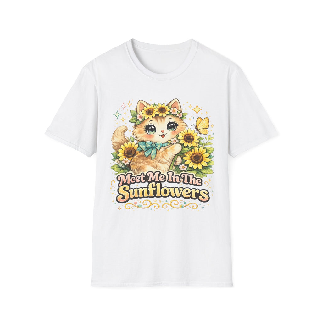 A white short-sleeve crewneck t-shirt featuring a colorful cartoon graphic of a cute orange tabby cat surrounded by yellow sunflowers and a green bow, with the text 'Meet Me In The Sunflowers' printed below.