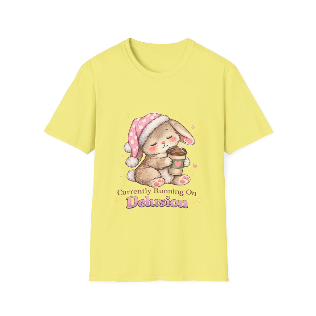 Cute Sleepy Bunny with Coffee “Currently Running On Delusion”