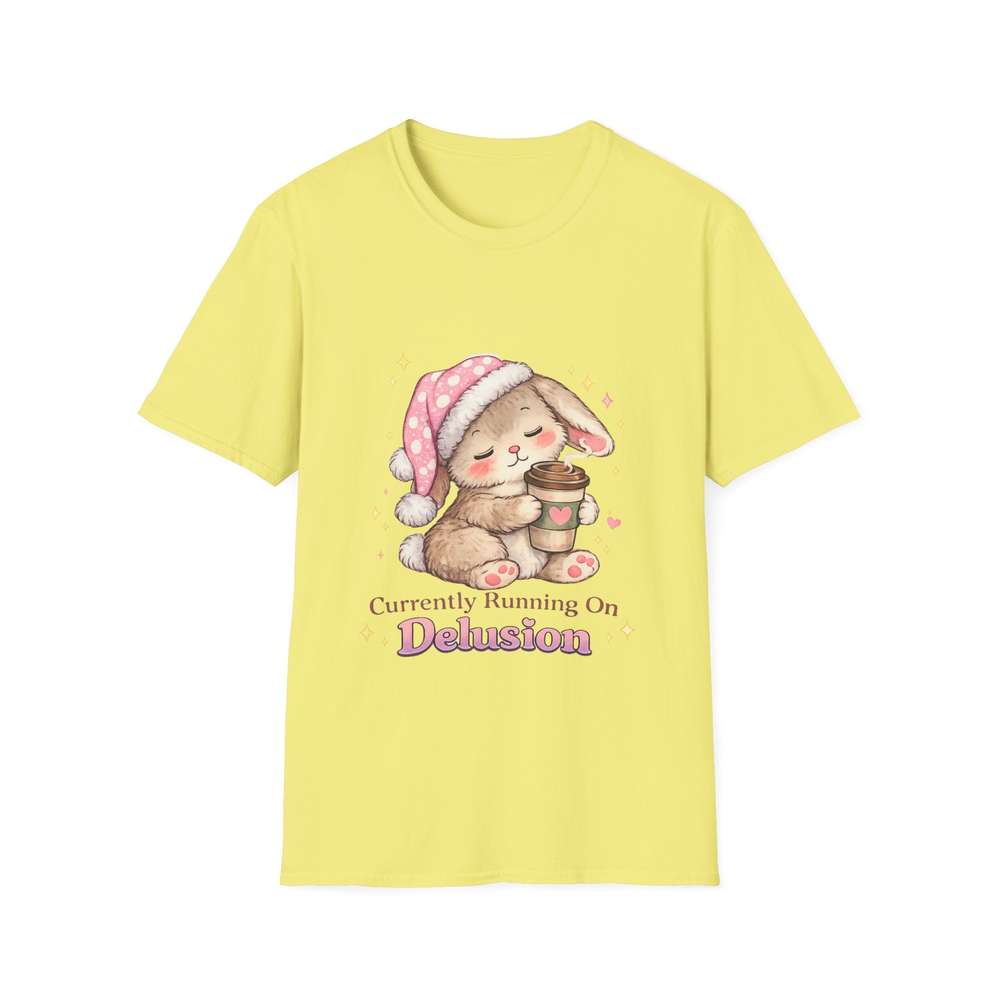 Cute Sleepy Bunny with Coffee “Currently Running On Delusion”