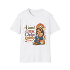 A white short-sleeve crewneck t-shirt featuring a colorful retro-style graphic on the front. The graphic shows a cartoon girl sitting under a rainbow with the text 'I came.