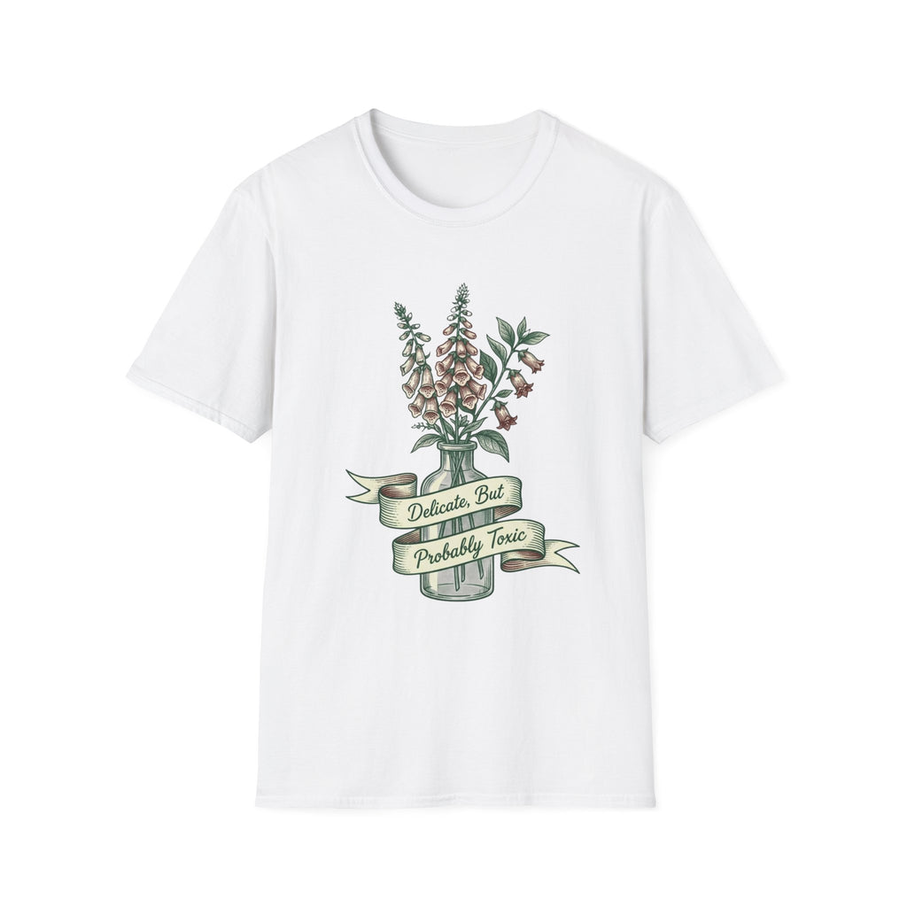 A white short-sleeve crewneck t-shirt featuring a vintage-style graphic of a mason jar filled with pink flowers and green leaves, with a banner reading 'Delicate But Probably Toxic'.
