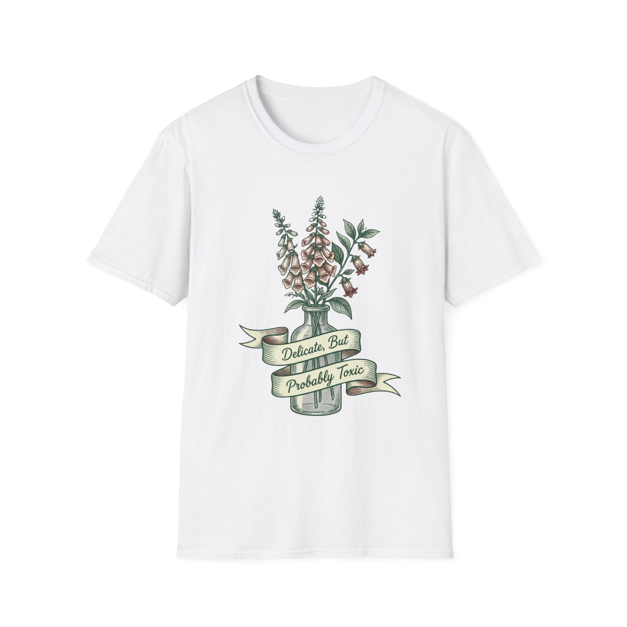 A white short-sleeve crewneck t-shirt featuring a vintage-style graphic of a mason jar filled with pink flowers and green leaves, with a banner reading 'Delicate But Probably Toxic'.