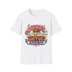 A white short-sleeve crewneck t-shirt featuring a colorful graphic on the front that reads 'OCTOBER IS MY EMOTIONAL SUPPORT MONTH' in playful, Halloween-themed lettering with cute illustrations of a ghost, moon, and stars.