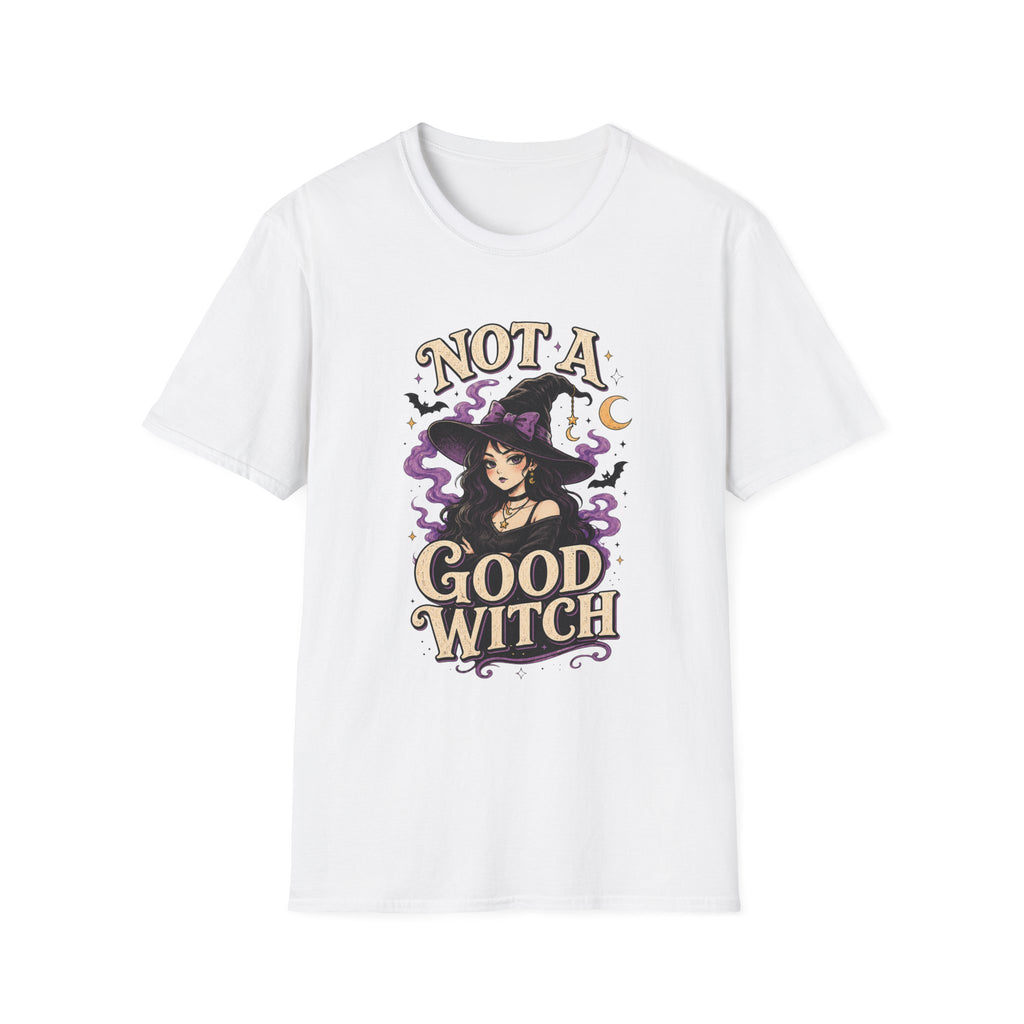 A white short-sleeve crewneck t-shirt featuring a graphic print of a witch with the text 'NOT A GOOD WITCH' in a stylized font, accompanied by purple smoke, a crescent moon, and bats.