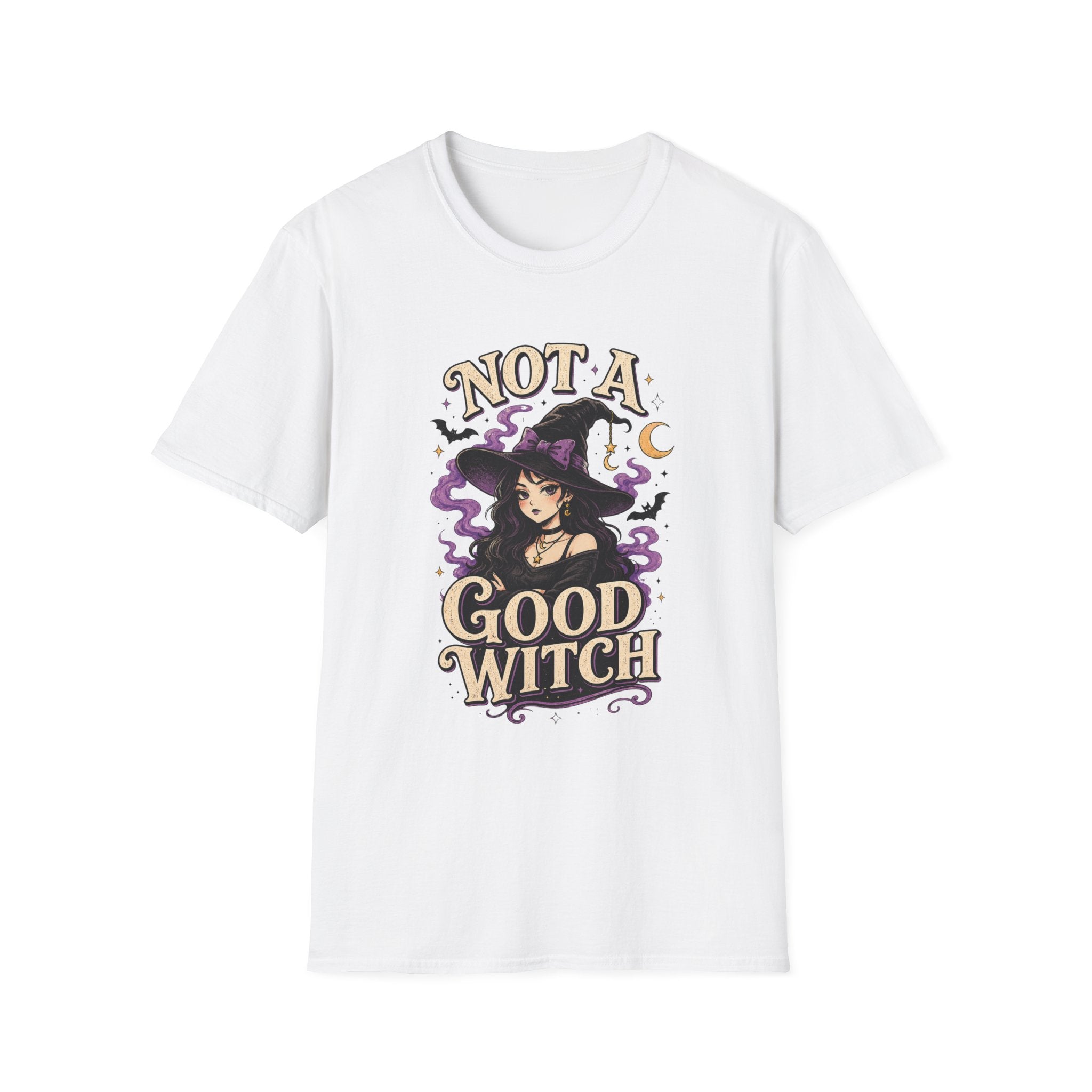 A white short-sleeve crewneck t-shirt featuring a graphic print of a witch with the text 'NOT A GOOD WITCH' in a stylized font, accompanied by purple smoke, a crescent moon, and bats.
