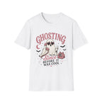 A white short-sleeve crewneck t-shirt featuring a graphic print of a ghost wearing sunglasses with a pink cat, the word 'GHOSTING' in pink, and the text 'Since BEFORE IT WAS COOL' in black and pink.