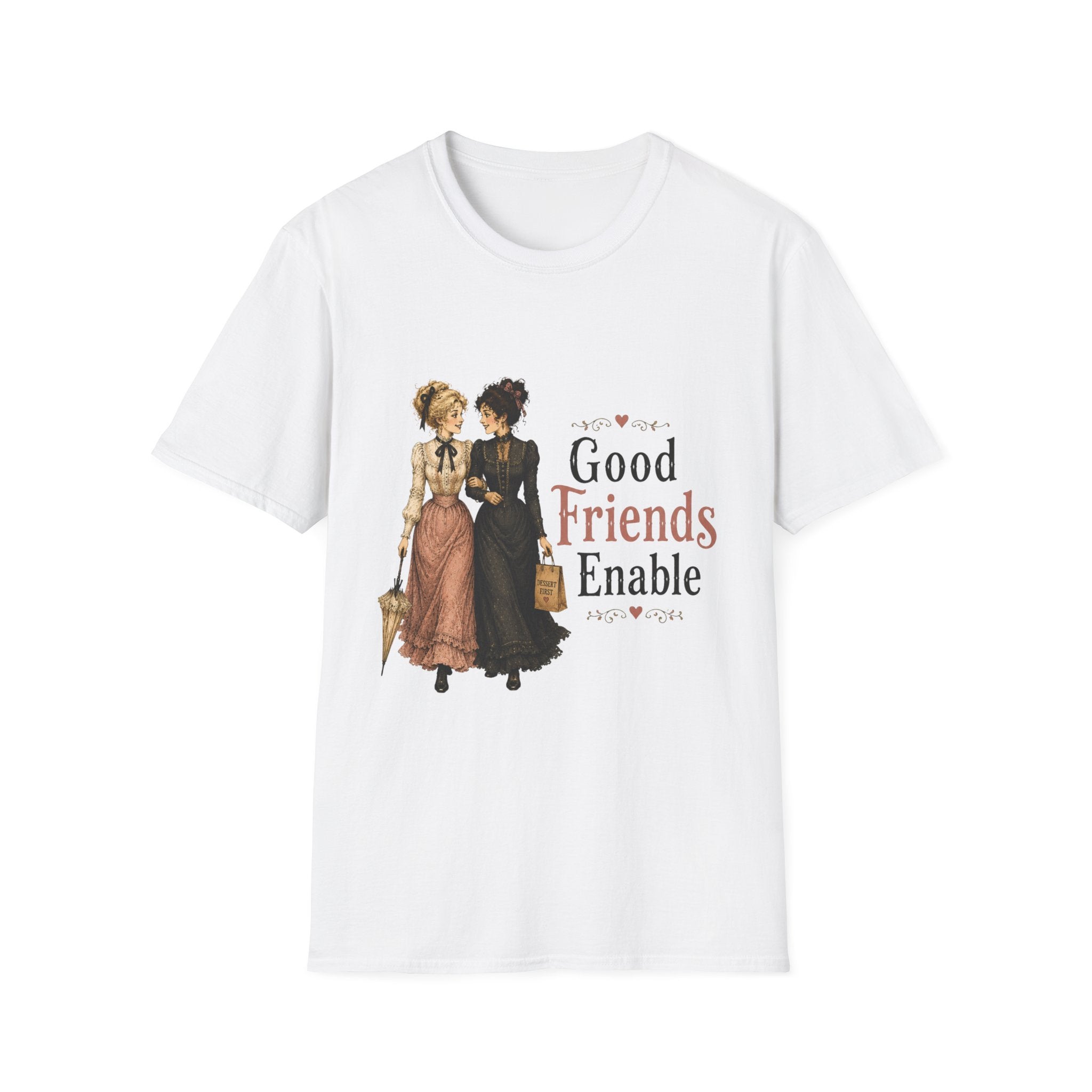 A white short-sleeve crewneck t-shirt featuring a vintage-style graphic of two women in Victorian-era dresses with the text 'Good Friends Enable' and 'PROPERly AUNY'.