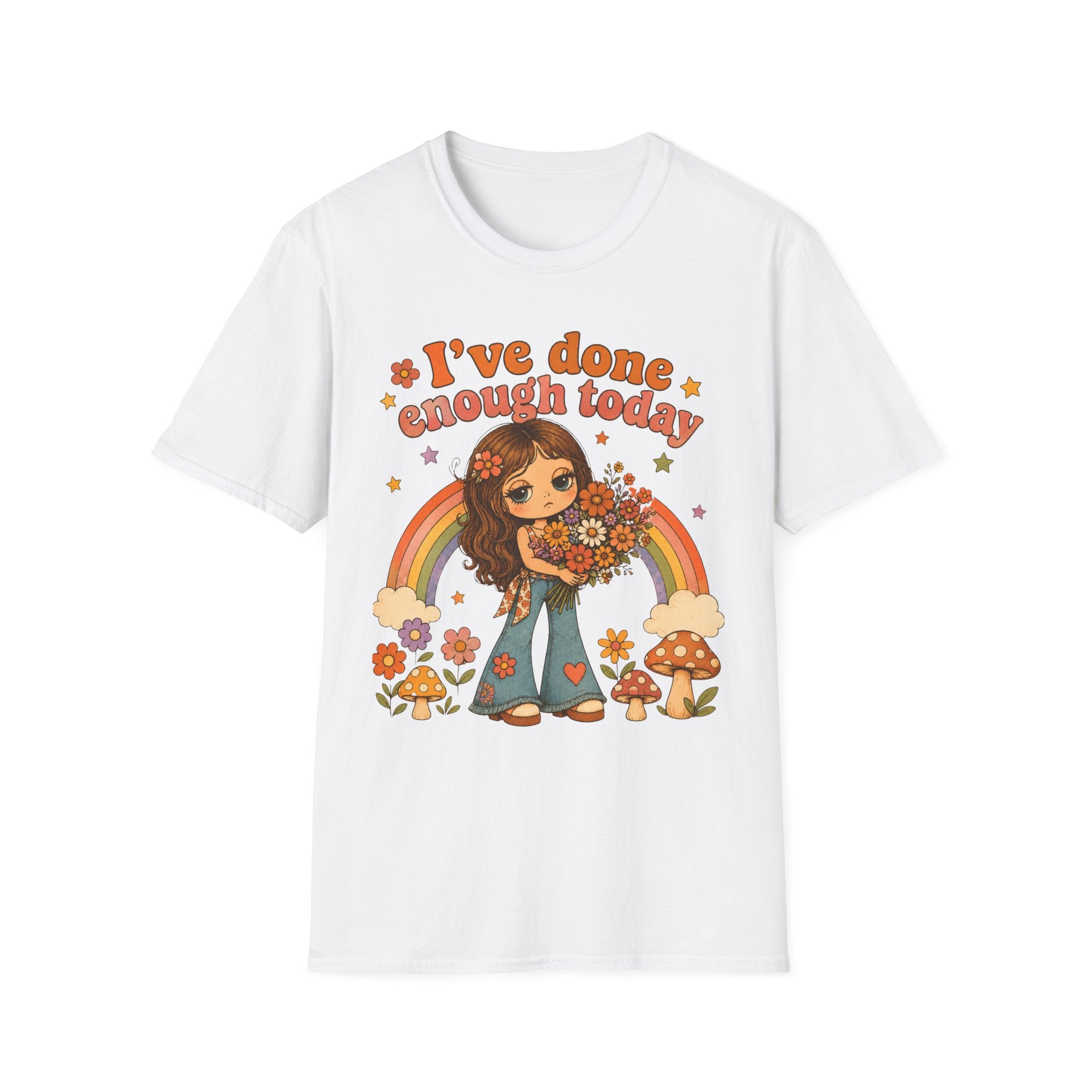 A white short-sleeve crewneck t-shirt featuring a retro-style graphic of a girl holding flowers under a rainbow with the text 'I've done enough today'.