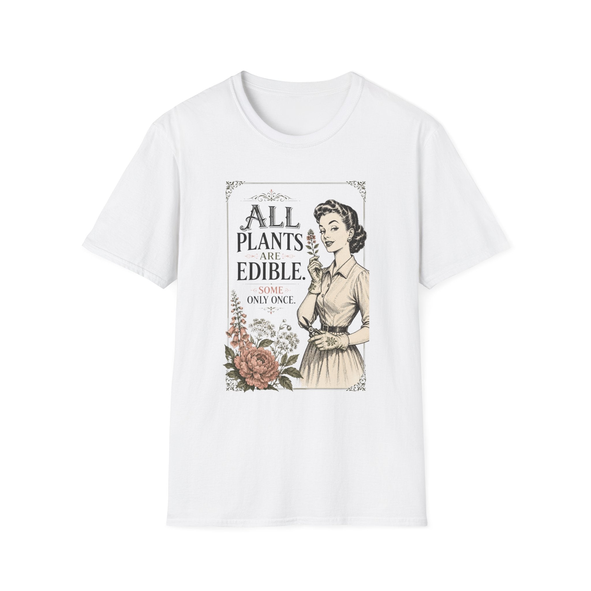 A white short-sleeve crewneck t-shirt featuring a vintage-style graphic print on the front. The print shows a retro illustration of a woman in a dress next to the text 'ALL PLANTS ARE EDIBLE.
