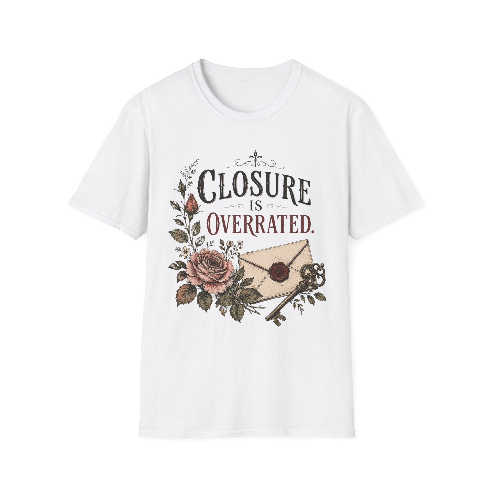 A white short-sleeve crewneck t-shirt featuring a vintage-style graphic on the front with the text 'CLOSURE IS OVERRATED.' in black and muted red lettering, decorated with a pink rose, green leaves, and an antique key over a beige envelope.