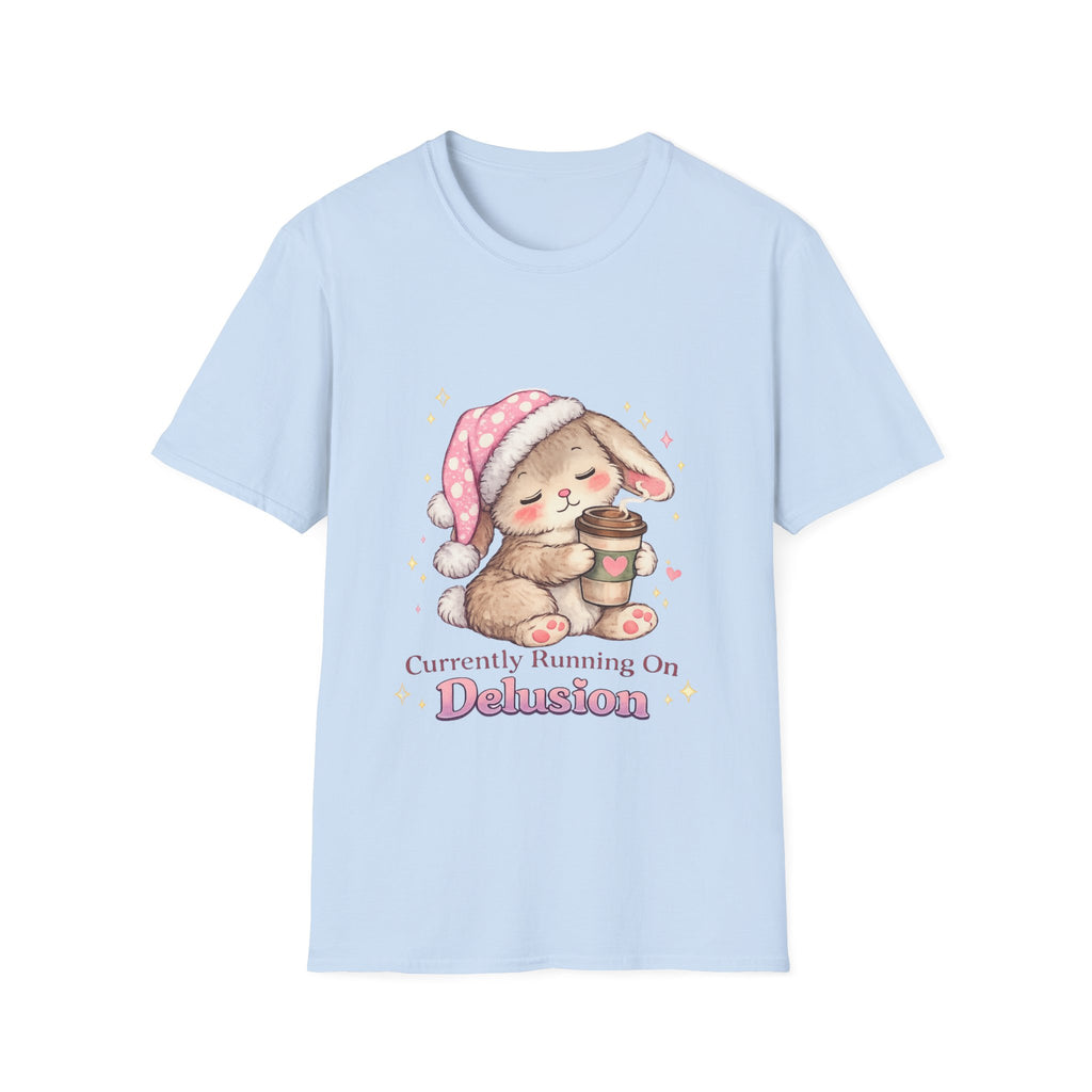 Cute Sleepy Bunny with Coffee “Currently Running On Delusion”