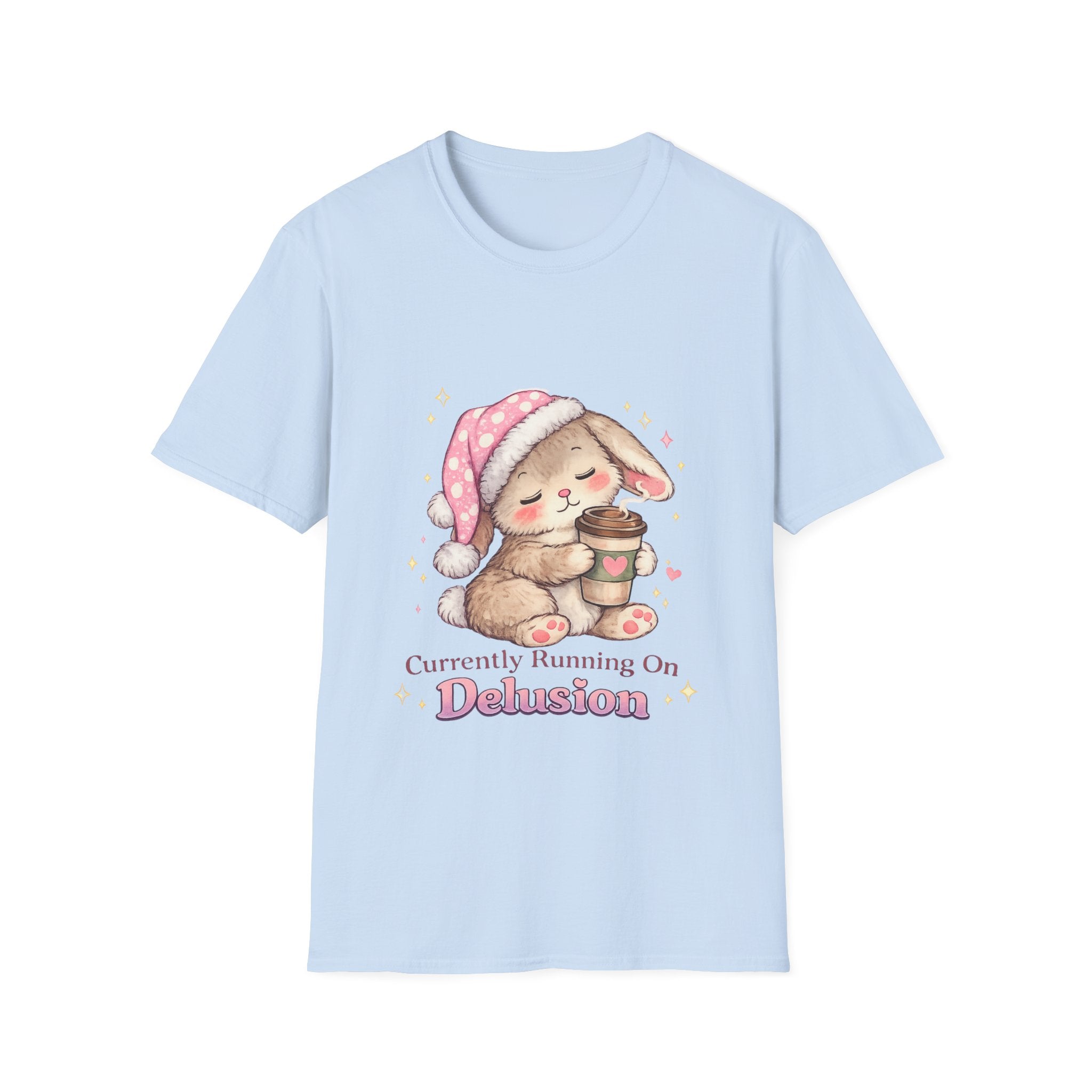 Cute Sleepy Bunny with Coffee “Currently Running On Delusion”