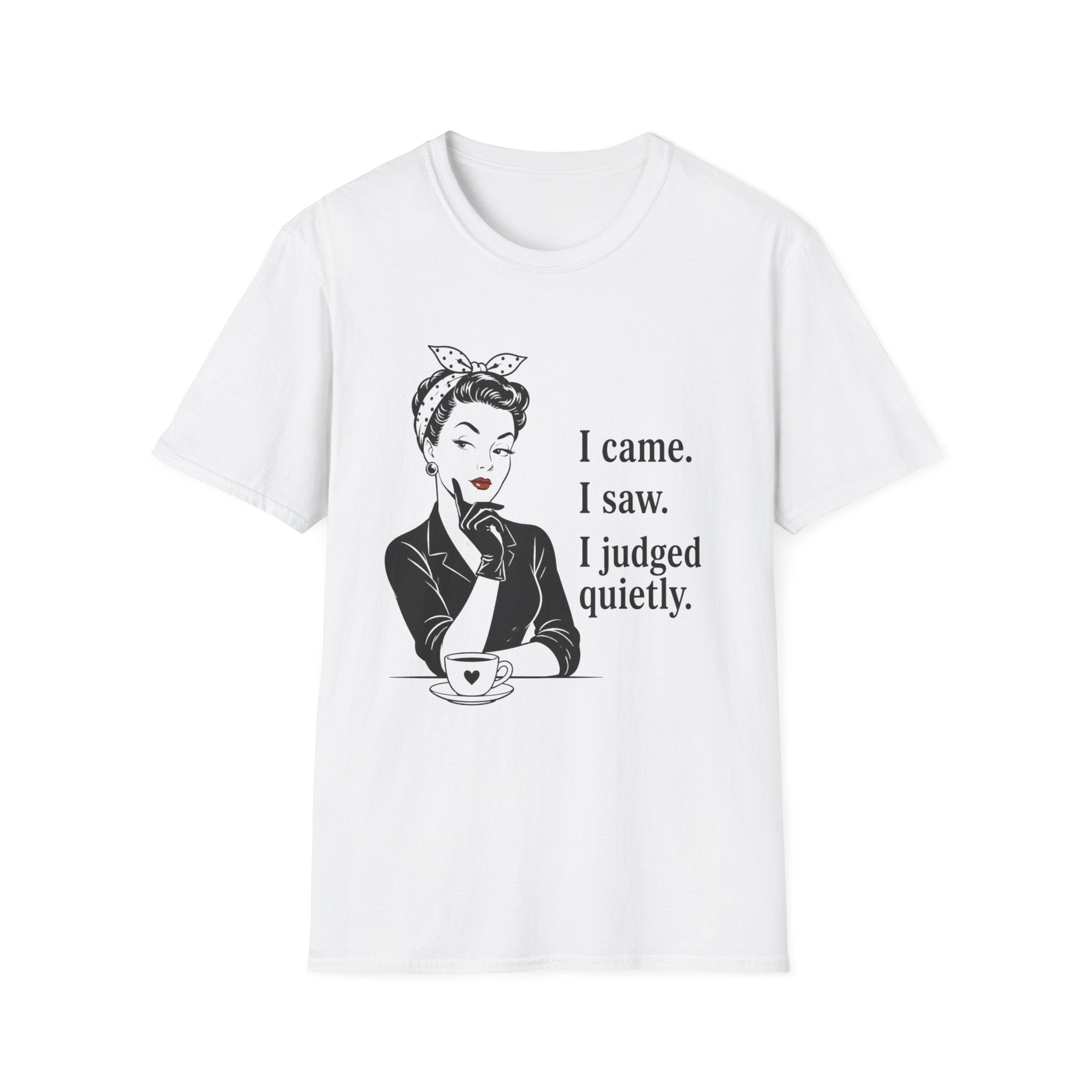 A white short-sleeve crewneck t-shirt featuring a black graphic of a retro-style woman with a bow headband and the text 'I came. I saw.