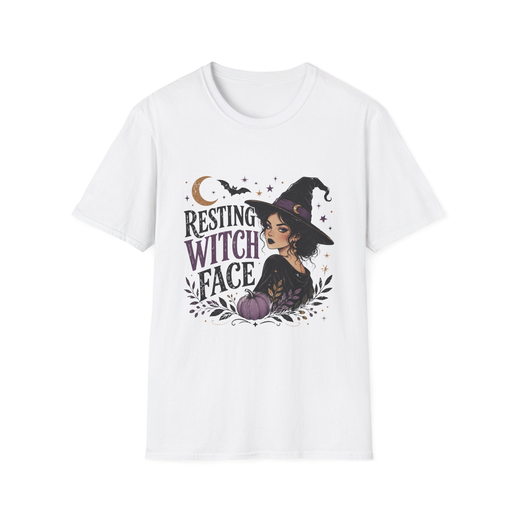 A white short-sleeve crewneck t-shirt featuring a Halloween graphic of a witch with the text 'RESTING WITCH FACE' in stylized purple and black lettering, accompanied by a crescent moon, stars, and a pumpkin.