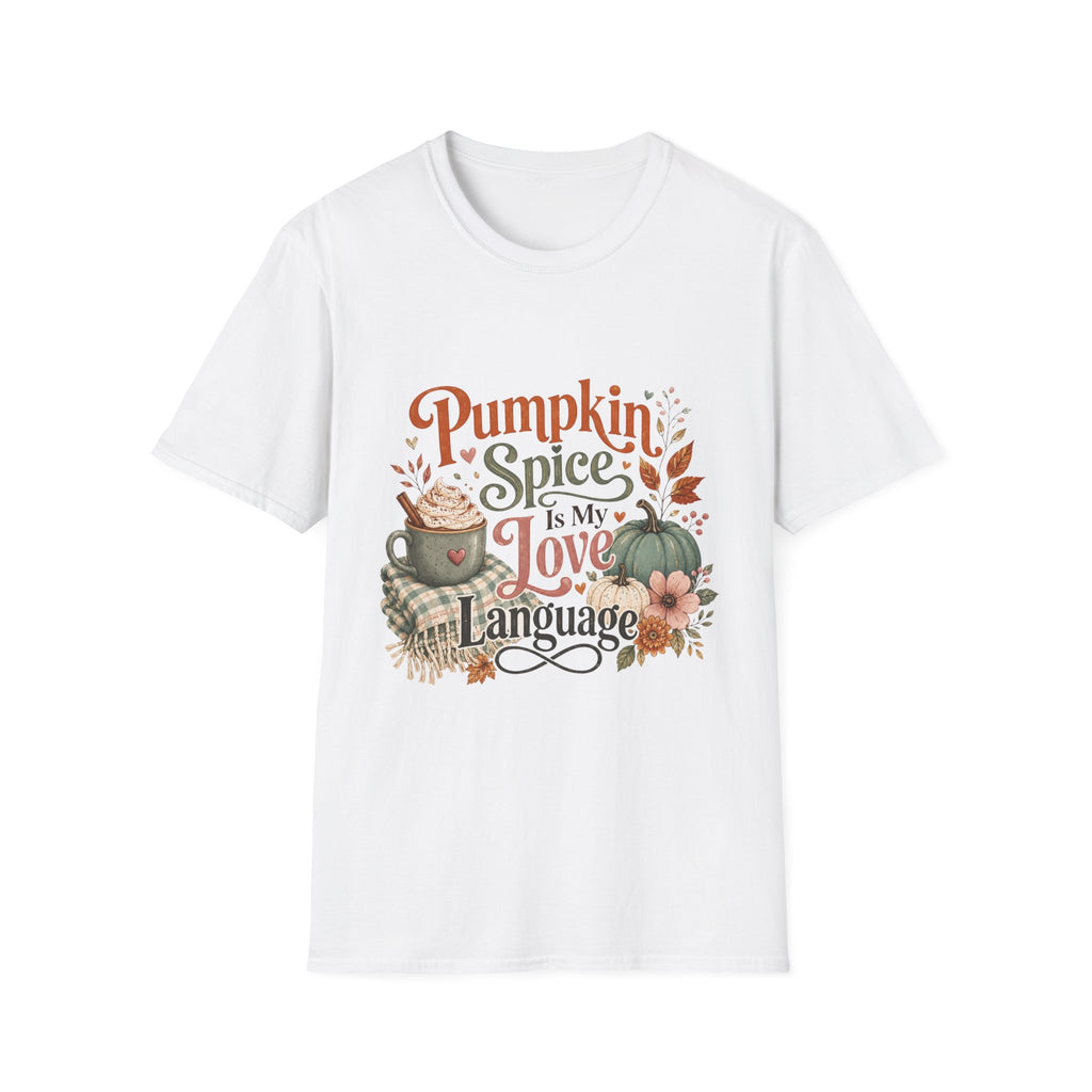 A white short-sleeve crewneck t-shirt featuring a festive autumn graphic on the front with the text 'Pumpkin Spice Is My Love Language' and illustrations of a mug, pumpkin, and fall leaves.
