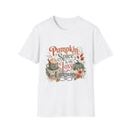 A white short-sleeve crewneck t-shirt featuring a festive autumn graphic on the front with the text 'Pumpkin Spice Is My Love Language' and illustrations of a mug, pumpkin, and fall leaves.