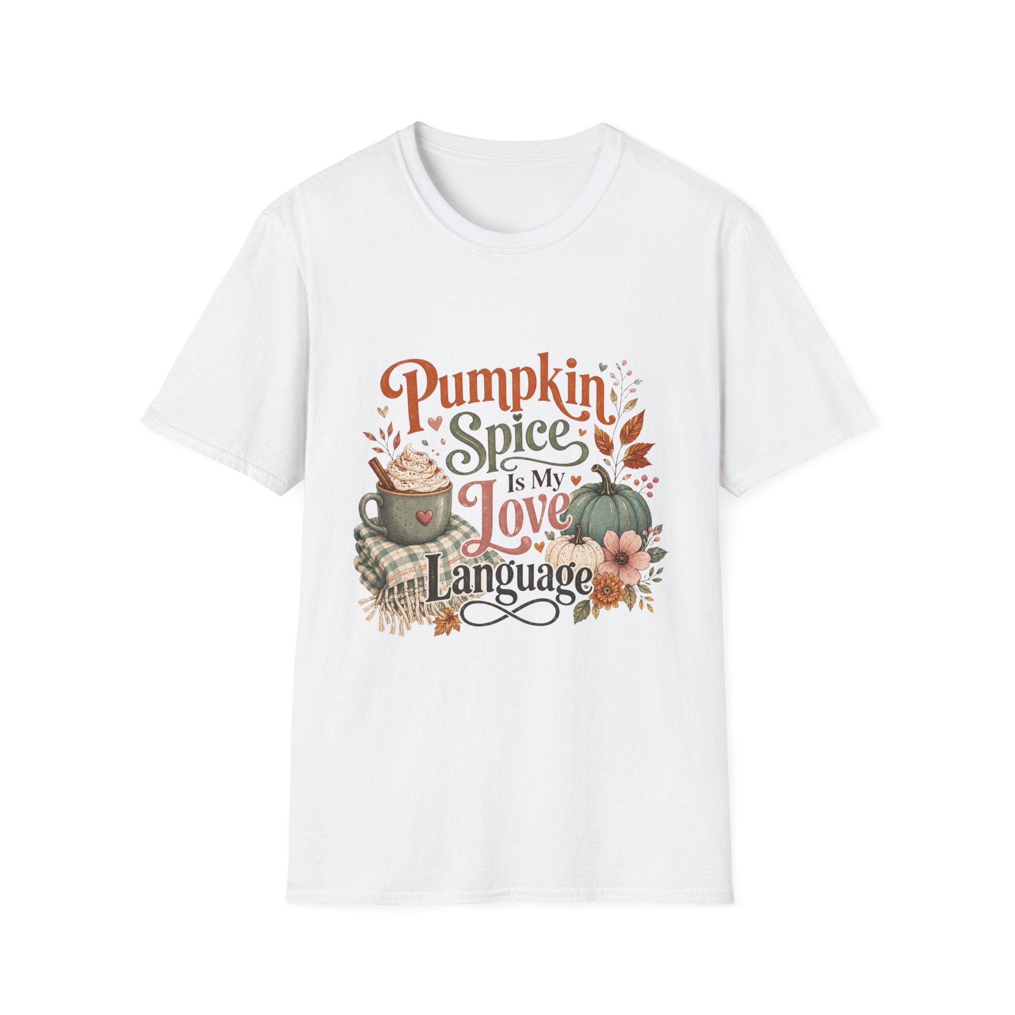 A white short-sleeve crewneck t-shirt featuring a festive autumn graphic on the front with the text 'Pumpkin Spice Is My Love Language' and illustrations of a mug, pumpkin, and fall leaves.