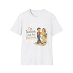 A white short-sleeve crewneck t-shirt featuring a retro-style graphic of a young couple walking, accompanied by the text 'I'm Available. Just Not Emotionally.