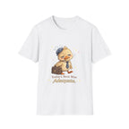 A white short-sleeve crewneck t-shirt featuring a cartoon graphic of a sad, sleepy yellow duckling wearing a blue beret and holding a brown suitcase, with the text 'Today's Best Was Adequate.' printed below.