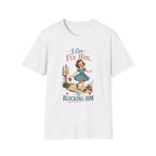 A white short-sleeve crewneck t-shirt featuring a retro-style graphic of a woman in a blue dress walking away from a man, with the text 'I Can Fix Him.