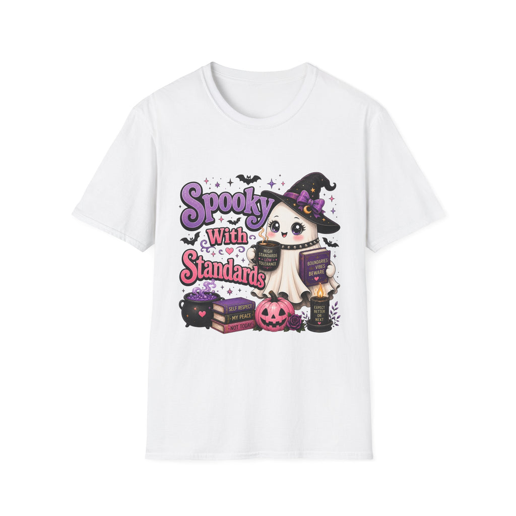 Cute "Spooky With Standards" Halloween t-shirt featuring an adorable black kitten dressed as a witch beside pumpkins, spell books, a cauldron, and spooky decorations in a whimsical kawaii style.