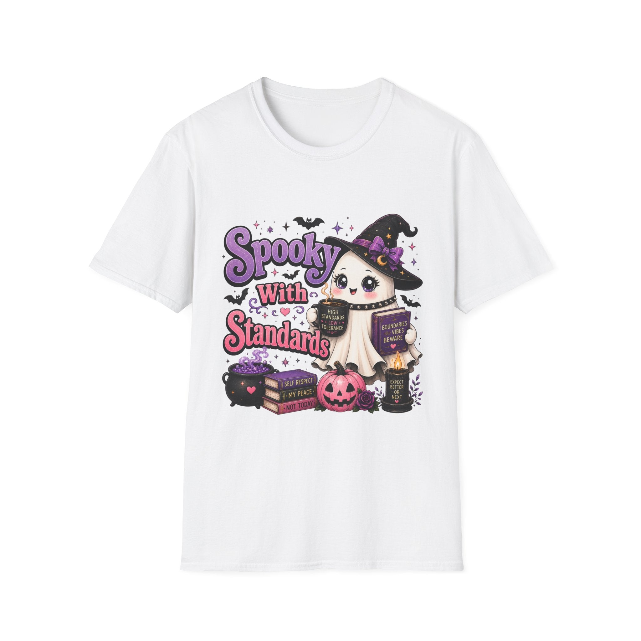Cute "Spooky With Standards" Halloween t-shirt featuring an adorable black kitten dressed as a witch beside pumpkins, spell books, a cauldron, and spooky decorations in a whimsical kawaii style.
